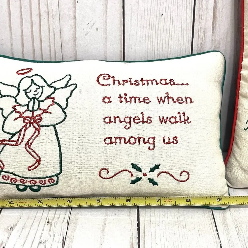 Set of 2 Small Christmas Throw Pillows Embroidered Holiday Angel & Songs